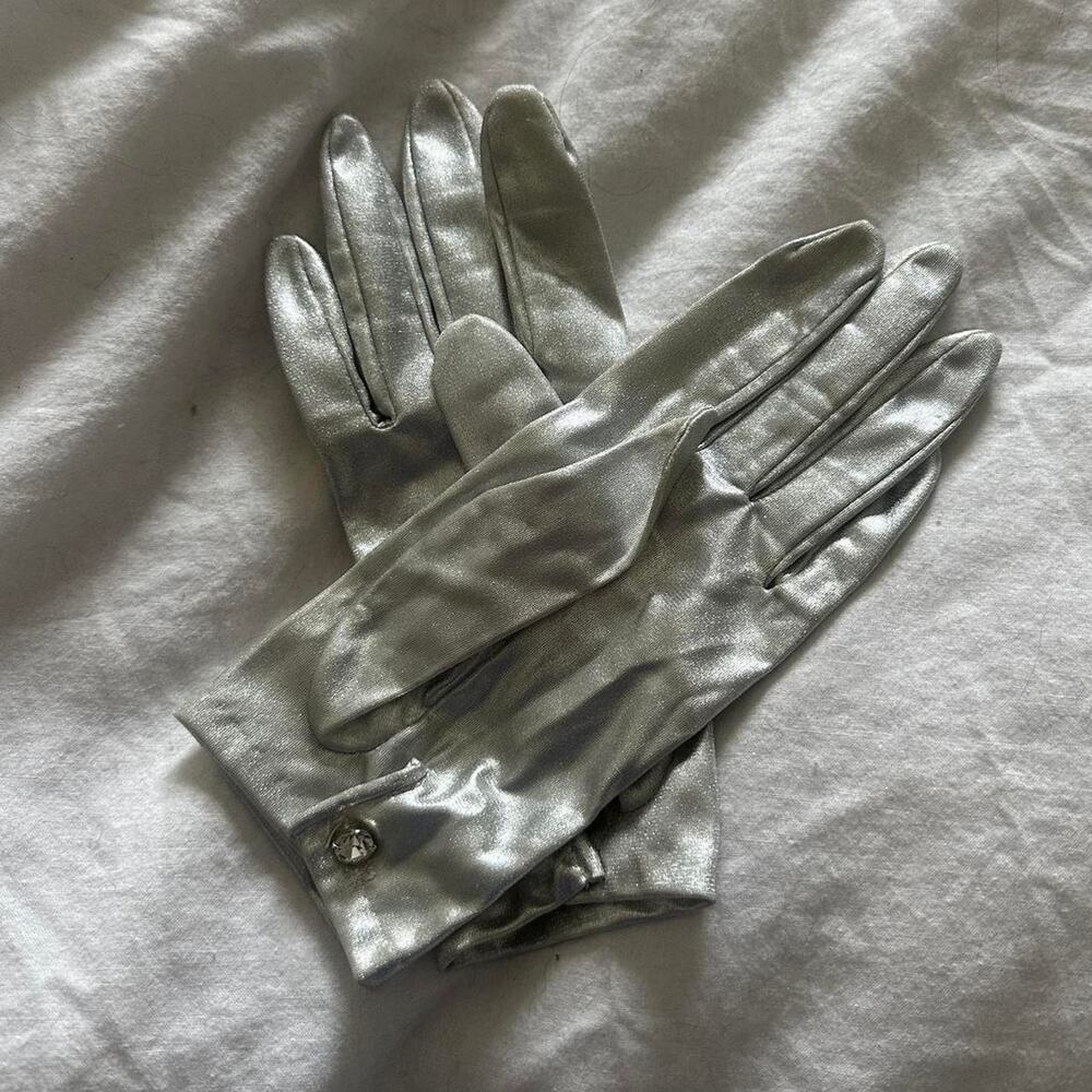 Metallic Silver Satin Evening Gloves With Rhinestone Button Detail Wrist Length